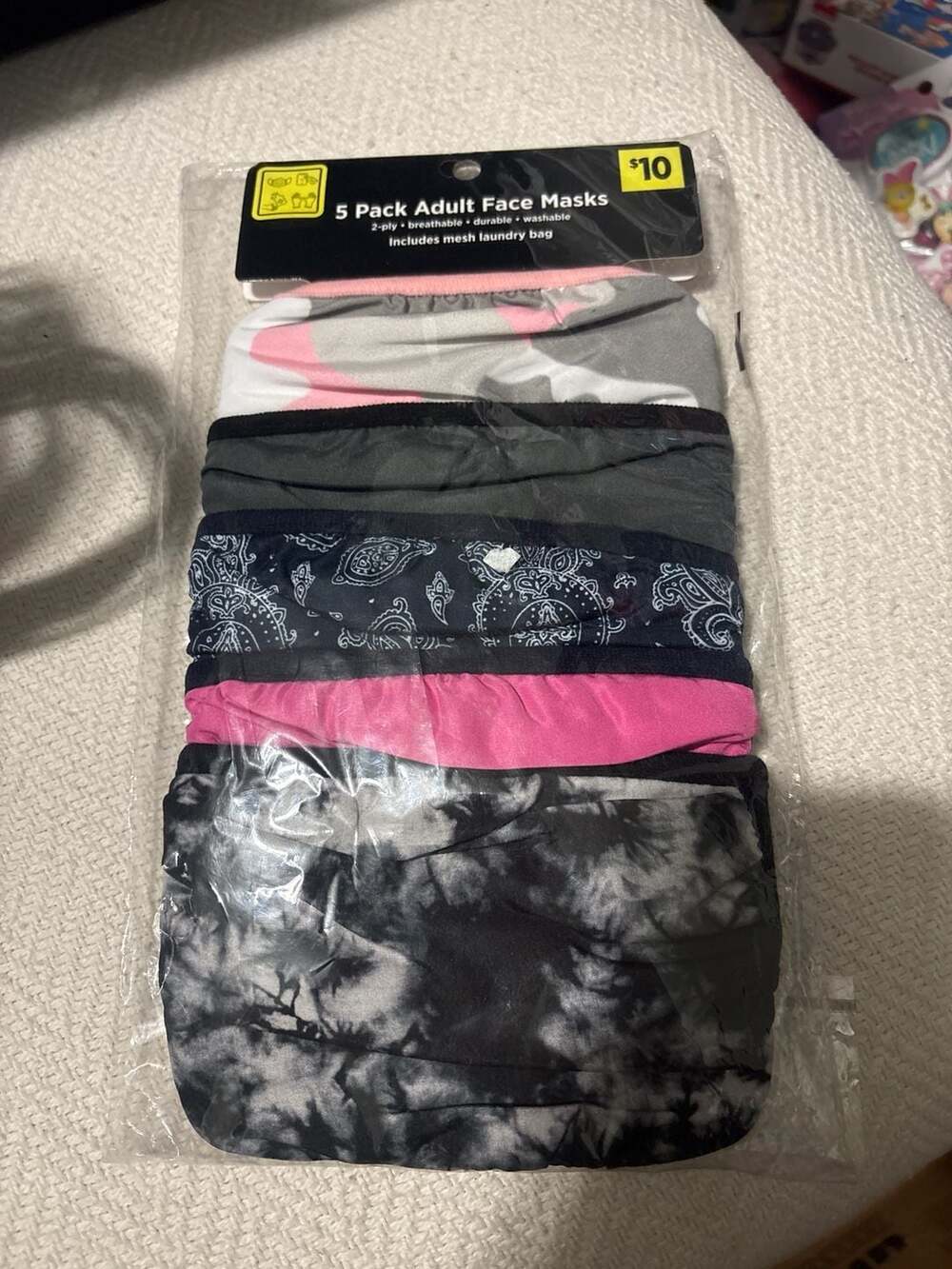 Dollar General 5 Pack Adult Face Masks 2-Ply with Mesh Laundry Bag